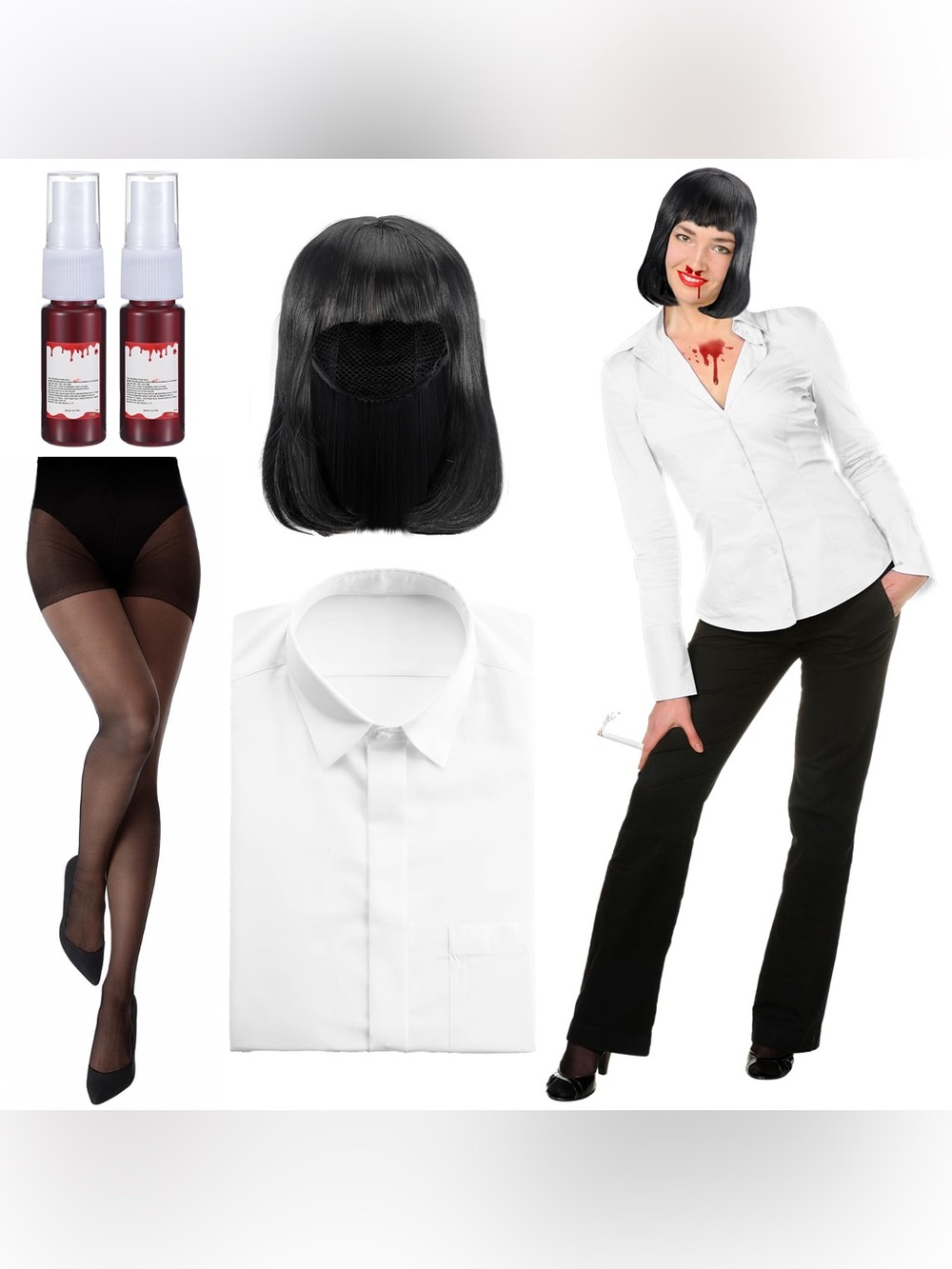 Mia Wallace Pulp Fiction Costume Halloween Wig Shirt Accessories Women’s Size XL
